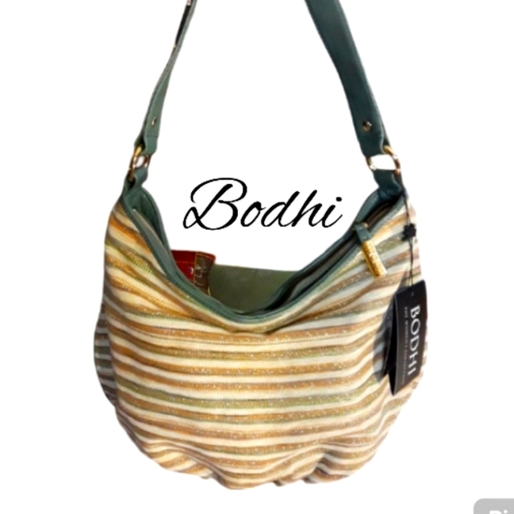 Used Bodhi Striped Green and Gold Hobo Bag